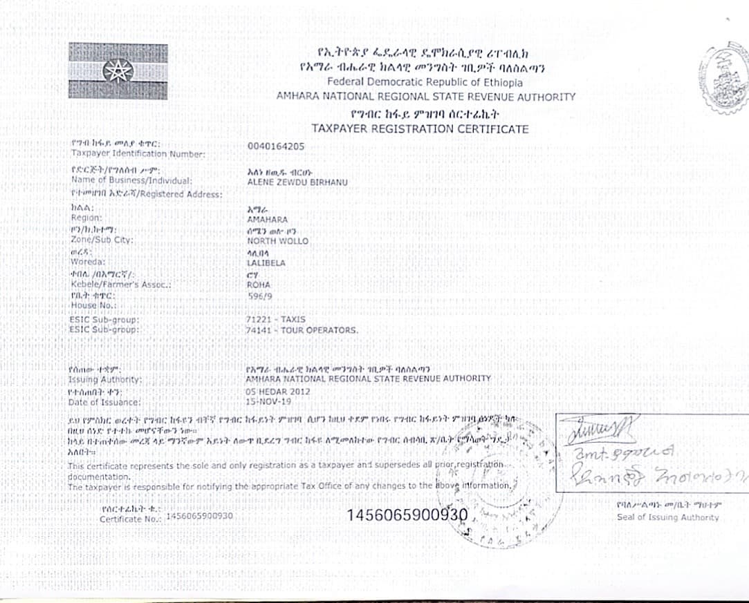Taxpayer registration certificate for Lalibela Expeditions